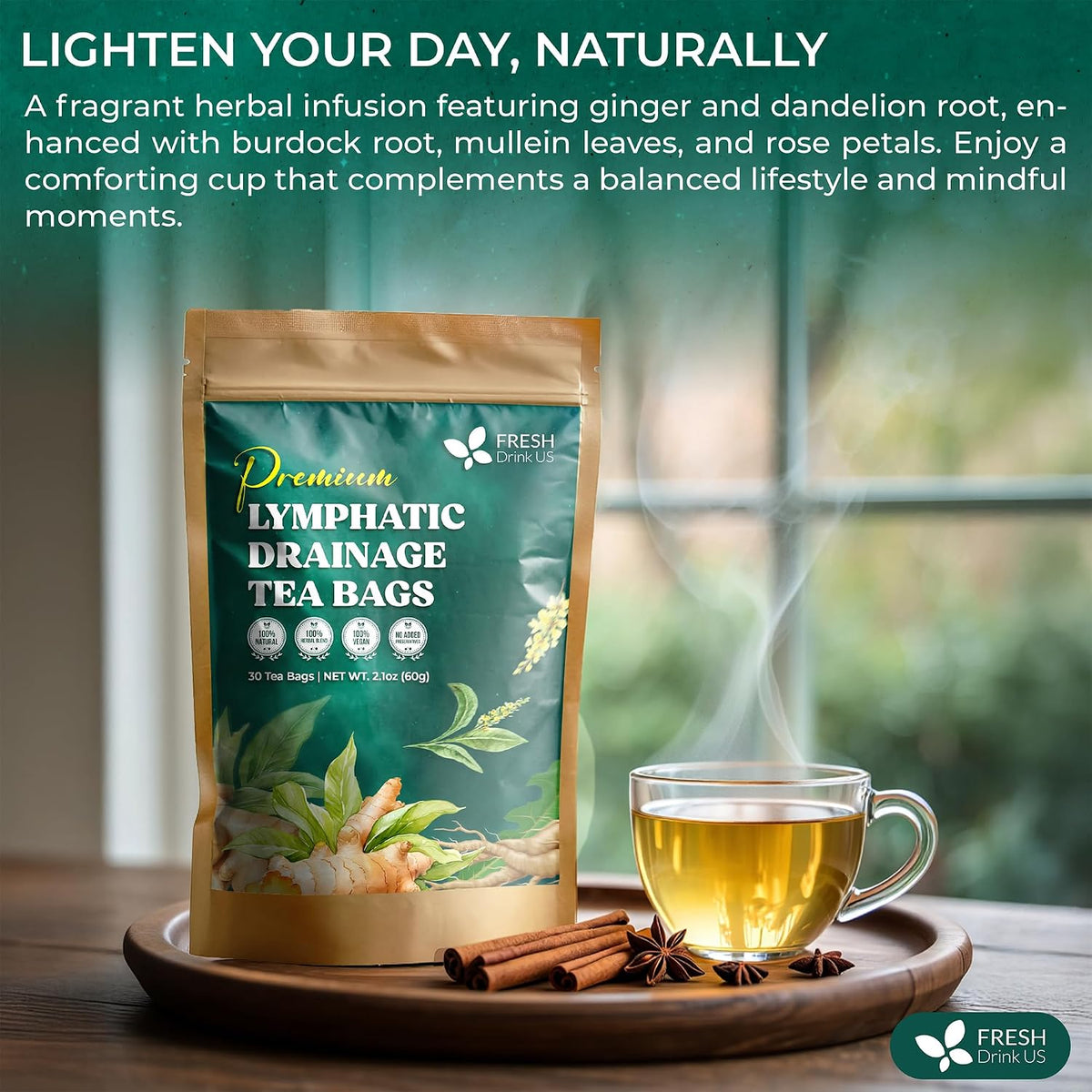 FreshDrinkUS, Lymphatic Drainage Tea | 30 Tea Bags | Herbal Tea Bags with Ginger, Dandelion Root, Burdock Root, Mullein, Calendula, Lemongrass, Rose, Licorice & Tulsi – Caffeine-Free Herbal Blend