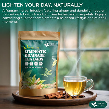 FreshDrinkUS, Lymphatic Drainage Tea | 30 Tea Bags | Herbal Tea Bags with Ginger, Dandelion Root, Burdock Root, Mullein, Calendula, Lemongrass, Rose, Licorice & Tulsi – Caffeine-Free Herbal Blend