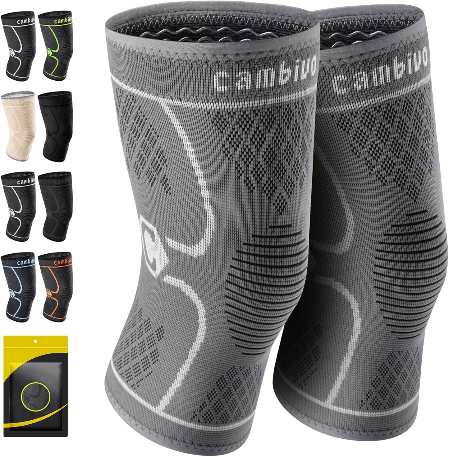 CAMBIVO 2 Pack Knee Braces for Women & Men, Knee Compression Sleeves for Knee Pain Relief, Knee Support with Non-Slip Silicone, Breathable, for Running, Workout, Weightlifting & Daily Use, Arthritis Support (Black, Medium)