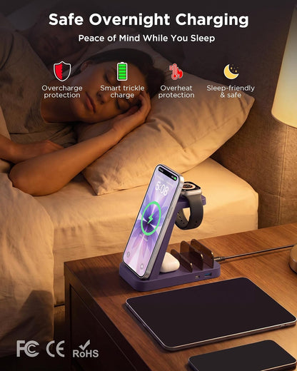 Wireless Charger for iPhone - 5 in 1 Charging Station for Multiple Devices Apple: Fast Wireless Charging Stand Dock for iPhone 17 16e 16 15 14 13 12 Pro Max Apple Watch Airpods