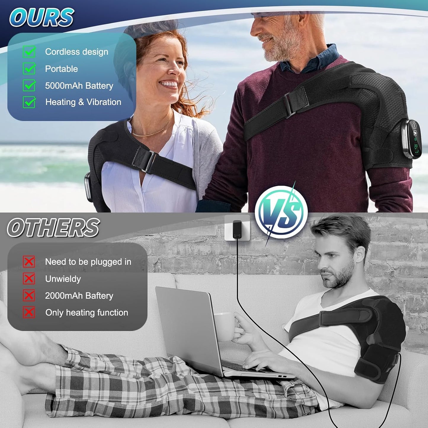 Cordless Heated Shoulder Brace with Vibration, 3 Heat & Massage Settings, Shoulder Heating Pad for Pain Relief, Adjustable Shoulder Warmer for Men and Women(Grey)