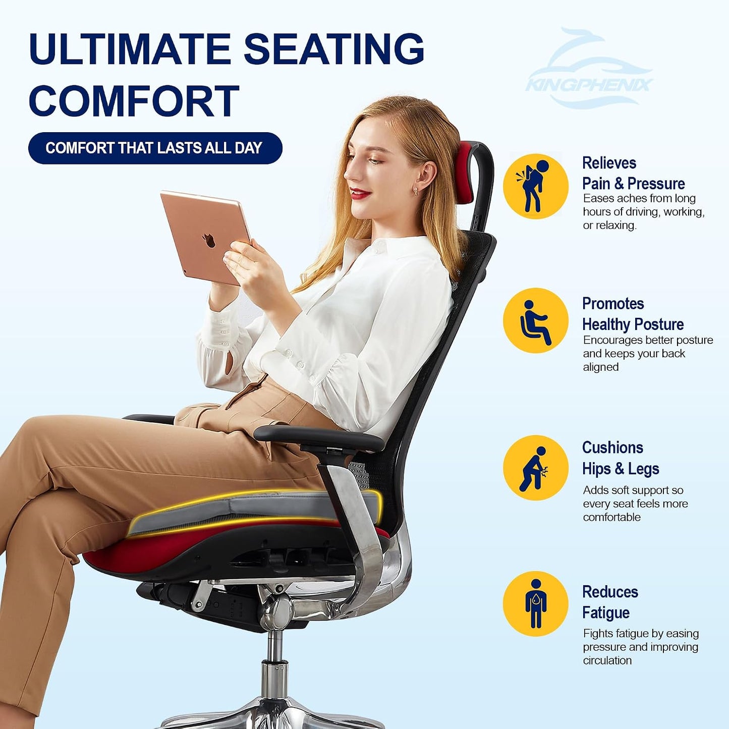 kingphenix Premium Car Seat Cushion, Memory Foam Driver Seat Cushion to Improve Driving View- Coccyx & Lower Back Pain Relief - Seat Cushion for Car, Truck, Office Chair (Leather Black)