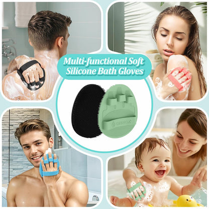 Silicone Back Scrubber & Bath Glove Set 2PCS, 13.4'' Gentle Shower Back Scrubber with Dual-Side Head Non-Slip Handle, 360° Anti-Slip Hand-fit Bath Glove for Rich Foaming Deep Cleaning(Black)