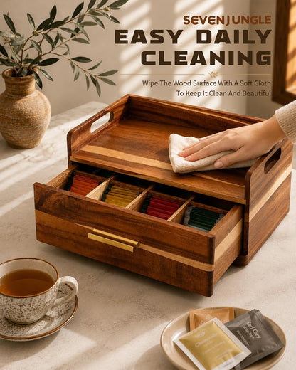Acacia Wood Tea Bag Organizer for Countertop, Tea Holder Organizer with Storage Drawer