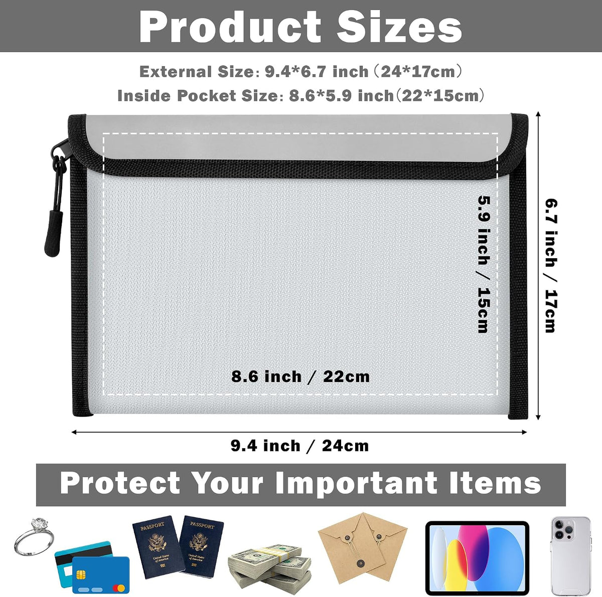 Fireproof Waterproof Document Bag - 5200°F Water Resistant Fire Proof Money Bag, 3 Layers of Heat Insulated Storage with Zipper, 7.9"x5" Portable Files Safe Pouch for Cash Passport (Black)