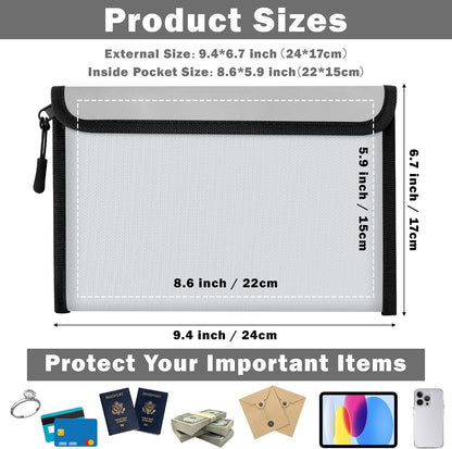 Fireproof Waterproof Document Bag - 5200°F Water Resistant Fire Proof Money Bag, 3 Layers of Heat Insulated Storage with Zipper, 7.9"x5" Portable Files Safe Pouch for Cash Passport (Black)