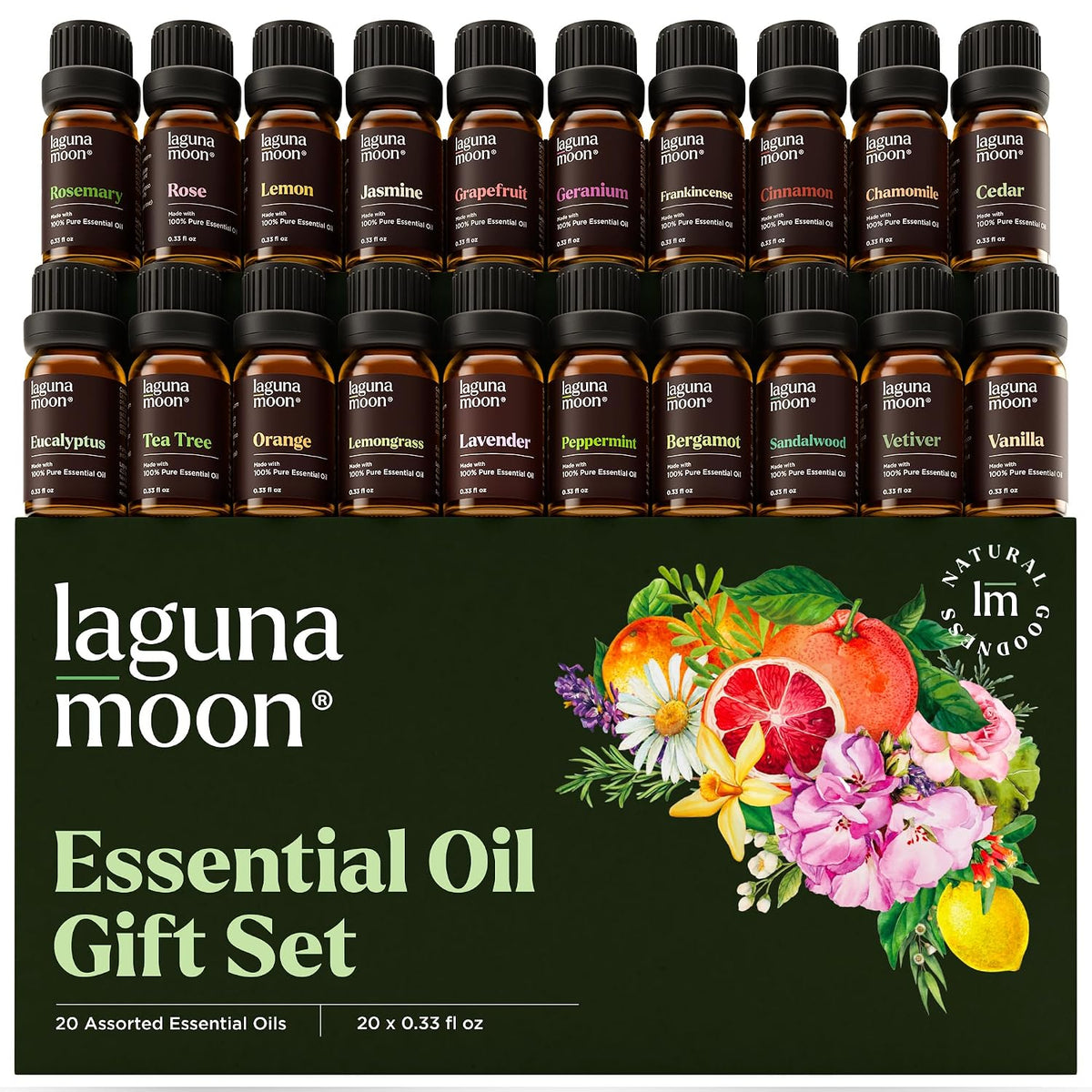 Lagunamoon Essential Oils Aromatherapy Set - 6 Oils for Diffusers, Home Care, Candle Making Scents, Fragrance, Humidifiers, Gifts - Peppermint, Tea Tree, Lavender, Eucalyptus, Orange (10mL)
