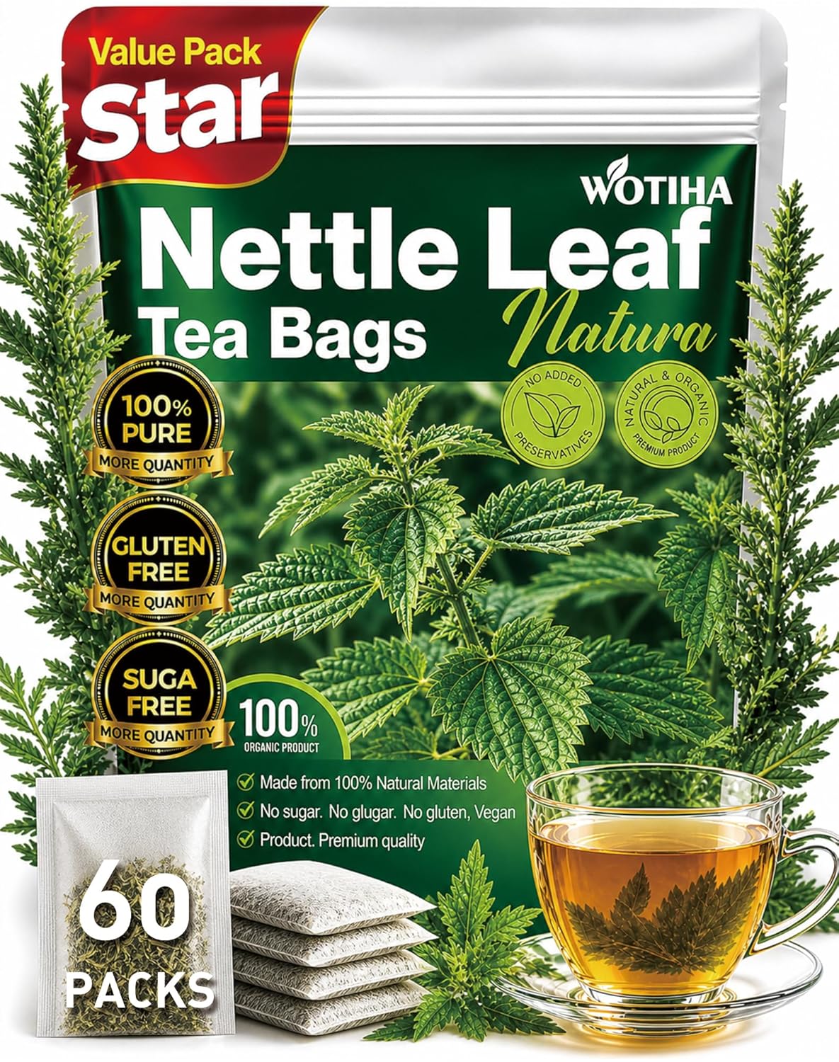 WOTIHA Premium Natural Nettle Leaf Tea Bags, 60 Count – 100% Pure Herbal Tea,Supports Kidney & Joint Health Caffeine-Free, Non-GMO, Additive-Free, Gluten-Free