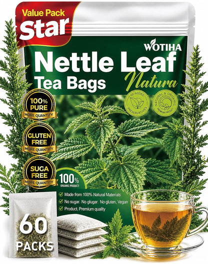WOTIHA Premium Natural Nettle Leaf Tea Bags, 60 Count – 100% Pure Herbal Tea,Supports Kidney & Joint Health Caffeine-Free, Non-GMO, Additive-Free, Gluten-Free