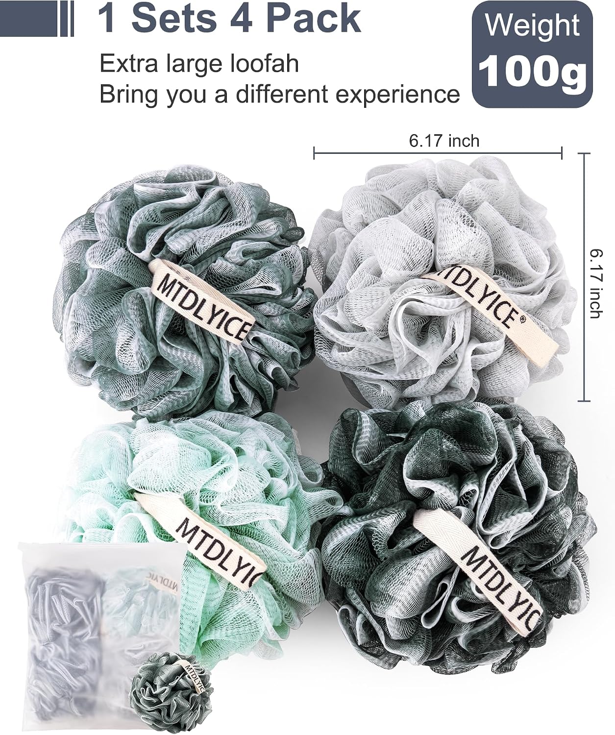 MTDLYICE Loofah Sponge, XXL Large Loofah 100g 4 Pack, Bath Sponge Soft Mesh Shower Loofah for Men, Body Scrub, Shower Pouf Bath Accessories, for Body Wash, Soap (Blue Gray)