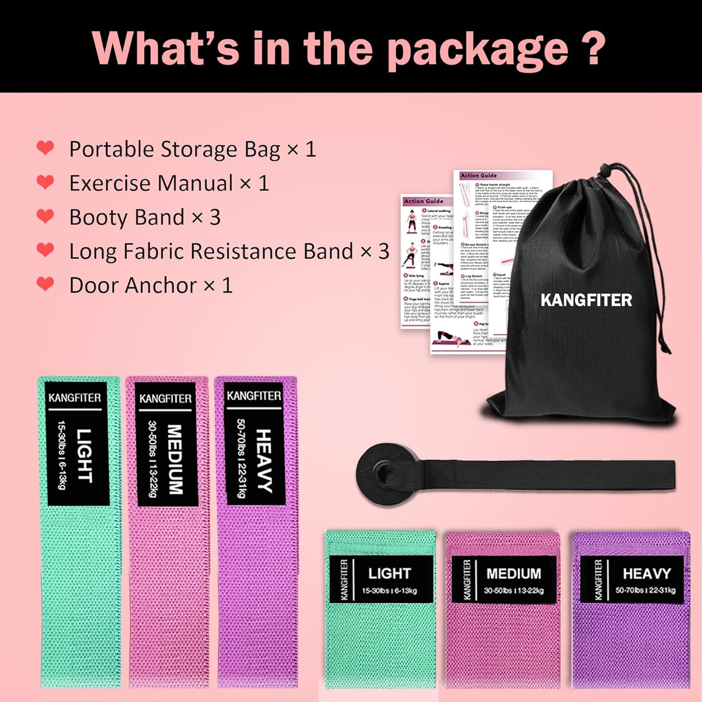 KANGFITER Long and Short Fabric Resistance Bands with Door Anchor, Non-Slip Stretch Booty Bands for Working Out Women & Men, Loop Exercise Elastic Bands for Home Physical Therapy Yoga Pilates