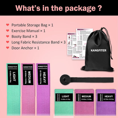 KANGFITER Long and Short Fabric Resistance Bands with Door Anchor, Non-Slip Stretch Booty Bands for Working Out Women & Men, Loop Exercise Elastic Bands for Home Physical Therapy Yoga Pilates