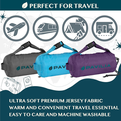 PAVILIA Travel Blanket Airplane Compact with Bag, Lightweight Soft Fleece Plane Blanket Long Flights, Camping Road Trips, Packable Travel Gift Essentials with Luggage Backpack Strap, 65x40, Purple