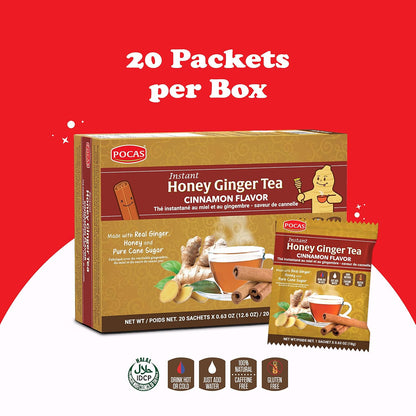 Pocas Honey Ginger Instant Tea Powder, Cinnamon Flavor, Ginger Extract & Real Honey, Caffeine-Free Tea, 20 Packets