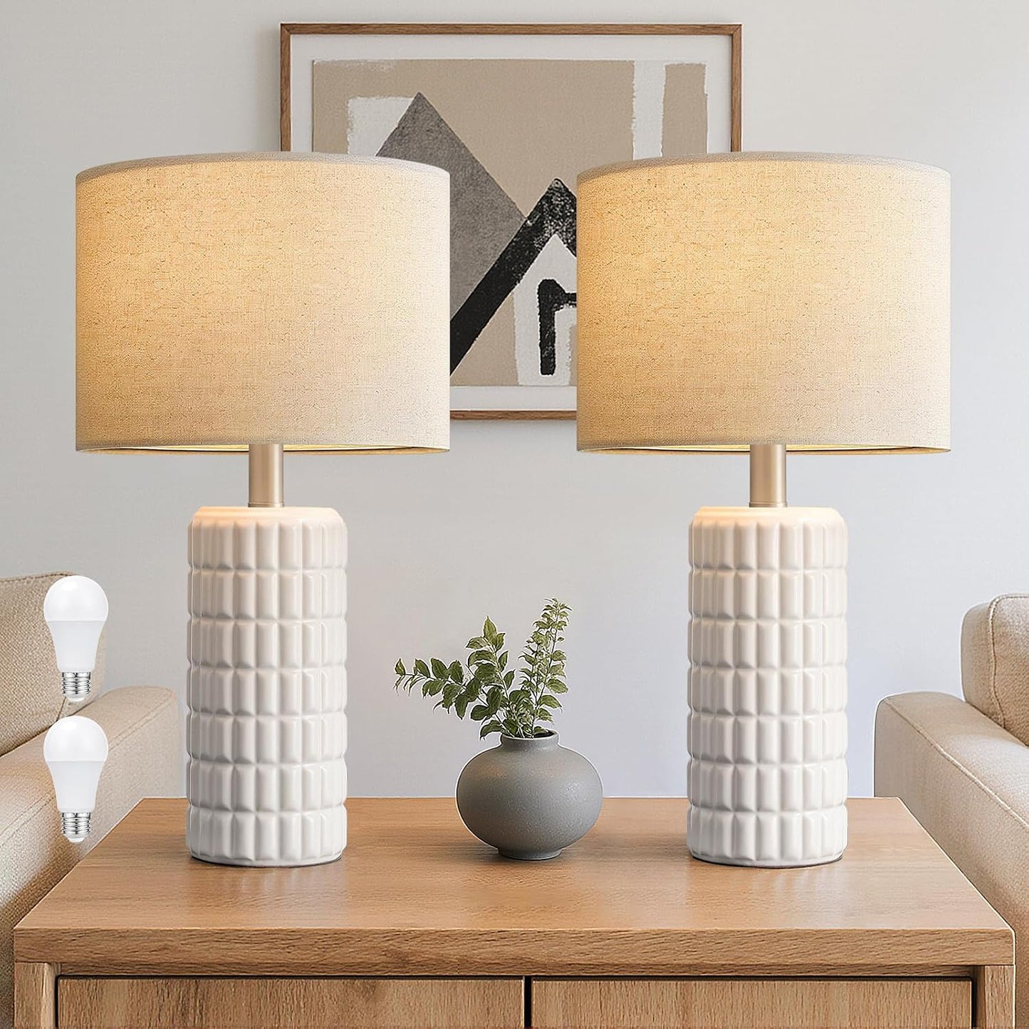 Seealle 23" Modern Ceramic Table Lamps Set of 2 - Table Lamps for Living Room, Farmhouse Bedside Night Stands Lamp for Bedroom, White Nightstand Lamps Set of 2, Desk Lamp for End Table Home Decor
