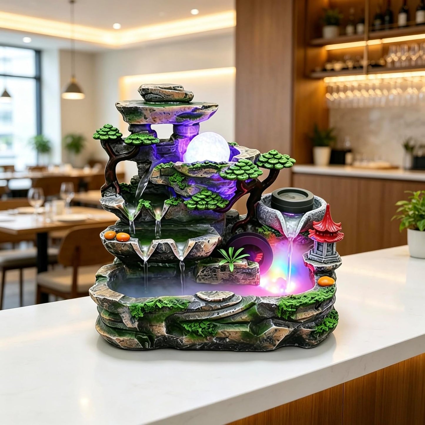 Mini Artificial Bonsai Tree Waterfall Fog Feature Rock Tabletop Fountain | 11in Desktop Decor Waterfall Fountain W/ Water Pump& Atomizer&LED Lights &Fake Tree Office Bedroom Relax