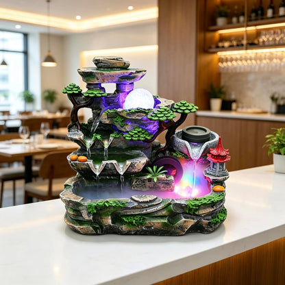 Mini Artificial Bonsai Tree Waterfall Fog Feature Rock Tabletop Fountain | 11in Desktop Decor Waterfall Fountain W/ Water Pump& Atomizer&LED Lights &Fake Tree Office Bedroom Relax