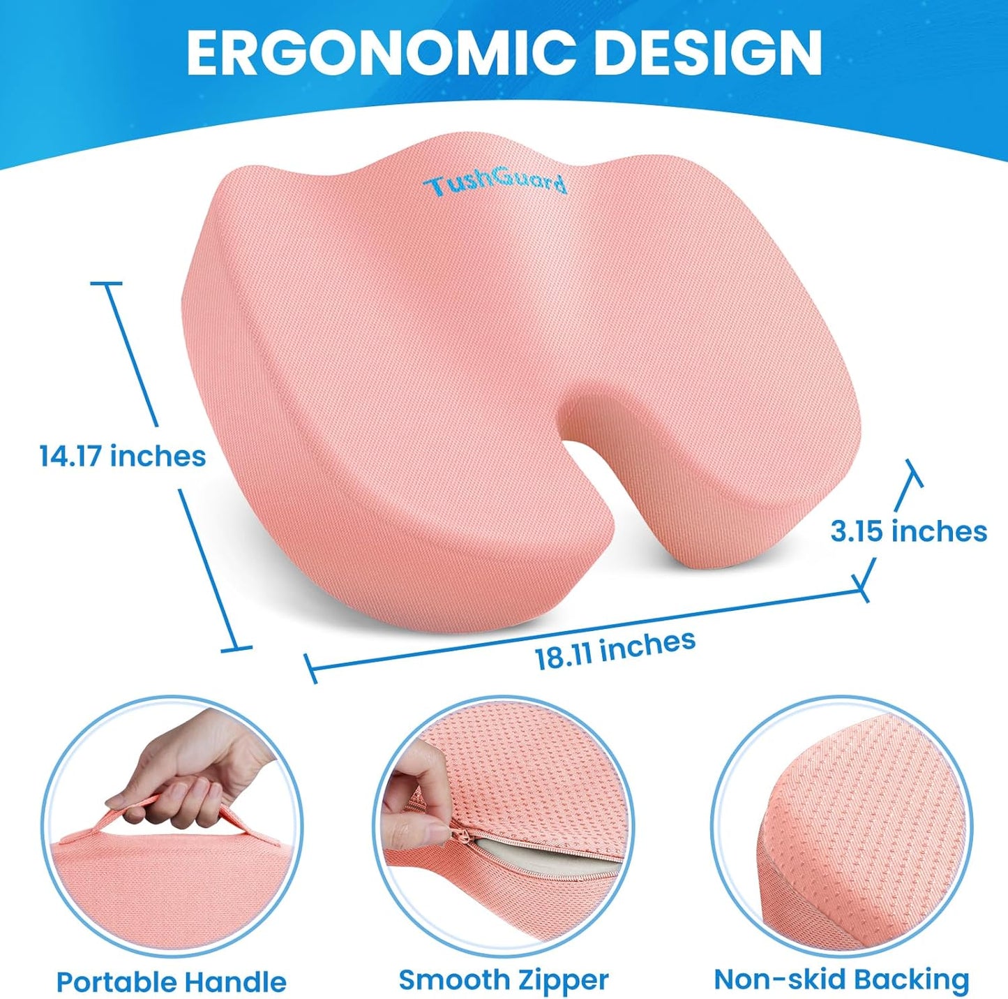 TushGuard Seat Cushion for Office Chair Memory Foam Non-Slip Cushion Back, Relief Chair Pad, Butt Pillow for Office Chair, Car, Computer Desk, Black