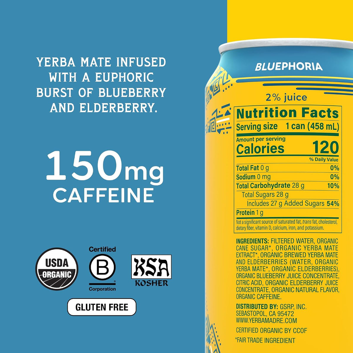 Yerba Madre Organic Yerba Mate, Bluephoria, 150mg Natural Caffeine, Energy Drink Alternative, No Jitters or Crash, 15.5 Oz Cans (Pack of 12)