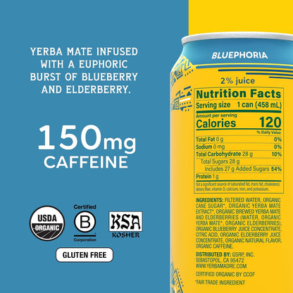 Yerba Madre Organic Yerba Mate, Bluephoria, 150mg Natural Caffeine, Energy Drink Alternative, No Jitters or Crash, 15.5 Oz Cans (Pack of 12)