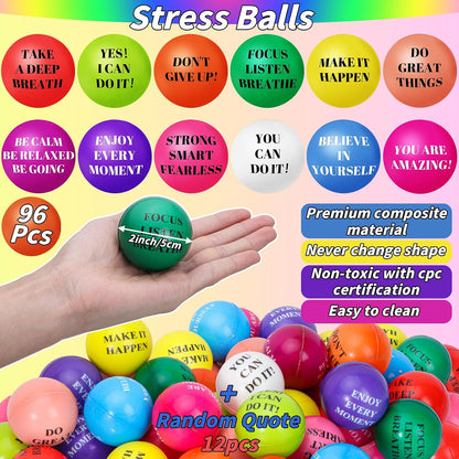 96 Pieces Motivational Stress Balls 2 Inch Inspirational Stress Relief Ball Bulk Hand Exercise Balls Encouraging Colorful Foam Balls Anxiety Small Balls with Quotes for Kids Adults Teens, 12 Styles