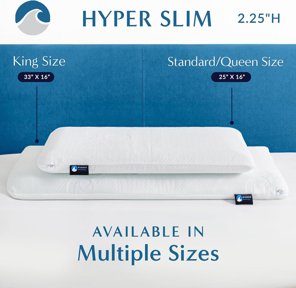Bluewave Bedding Ultra Slim Max Cool CarbonBlue Gel Memory Foam Pillow for Stomach and Back Sleepers - Thin, Flat Design with Advanced Cooling (2.75-Inch Height, Standard Size)