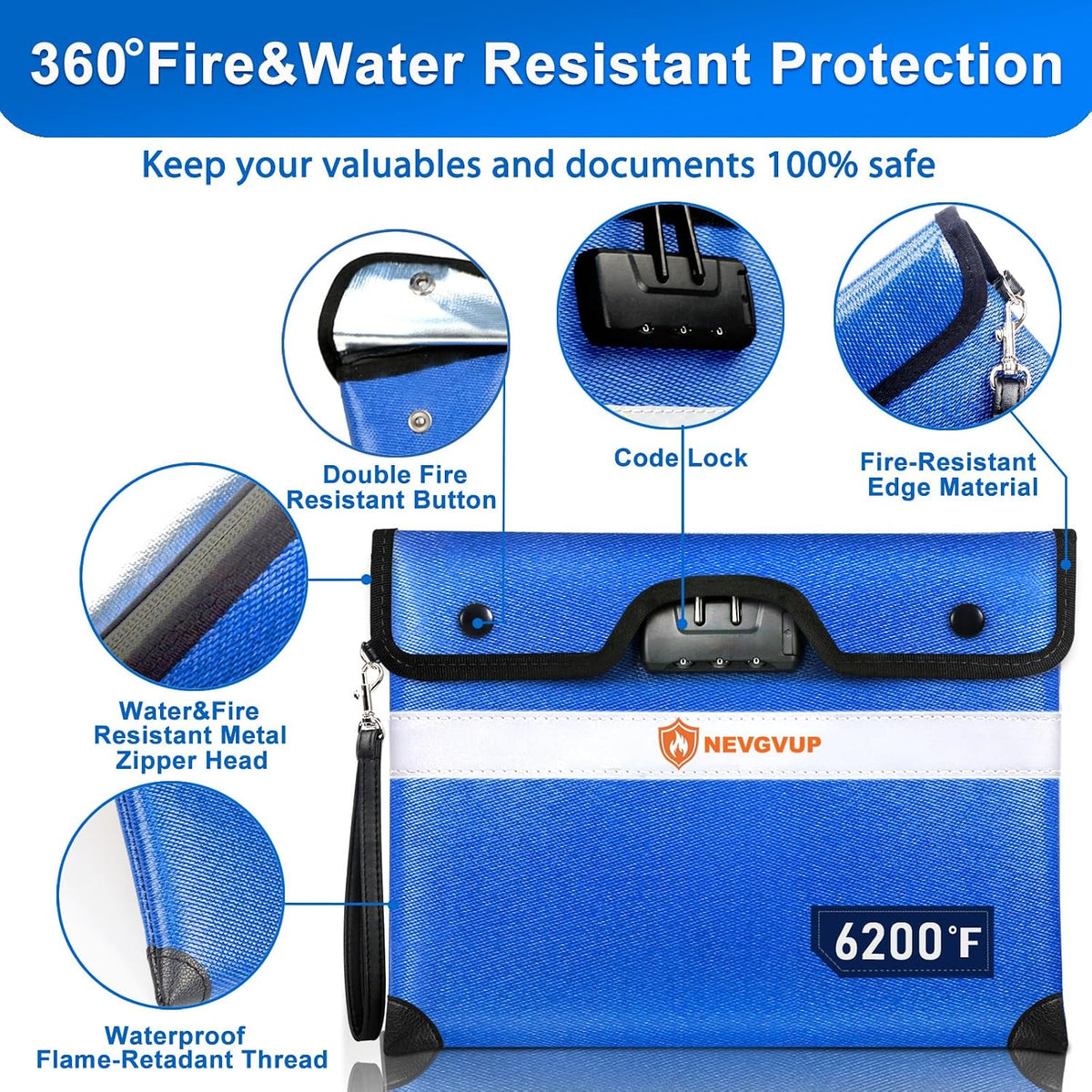Upgraded 6200°F Fireproof Document Bag with Lock, Fire proof Money Bag for Cash with Zipper/Reflective Strip, 9 Layer of Heat Insulated Material, Water Resistant Fireproof Bags for Documents,Safe Bags