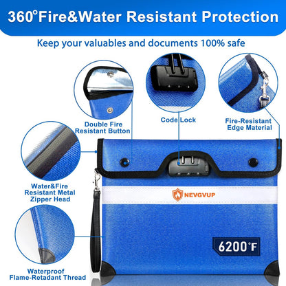 Upgraded 6200°F Fireproof Document Bag with Lock, Fire proof Money Bag for Cash with Zipper/Reflective Strip, 9 Layer of Heat Insulated Material, Water Resistant Fireproof Bags for Documents,Safe Bags