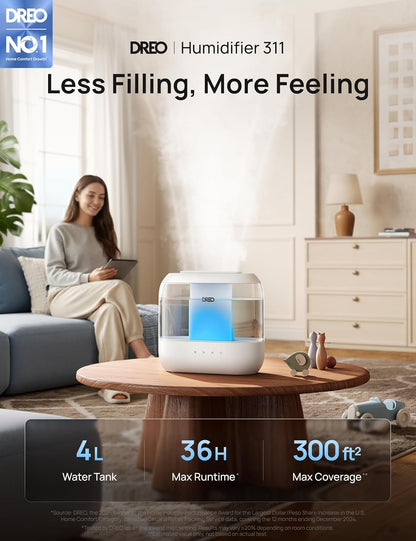 Dreo Humidifiers for Bedroom, 4L Top Fill for Large Room, 36H Runtime, 28 dB Quiet Supersized Cool Mist Air Humidifier for Baby Nursery, Plants, Indoor, Night Light, Easy to Clean & Fill, Black