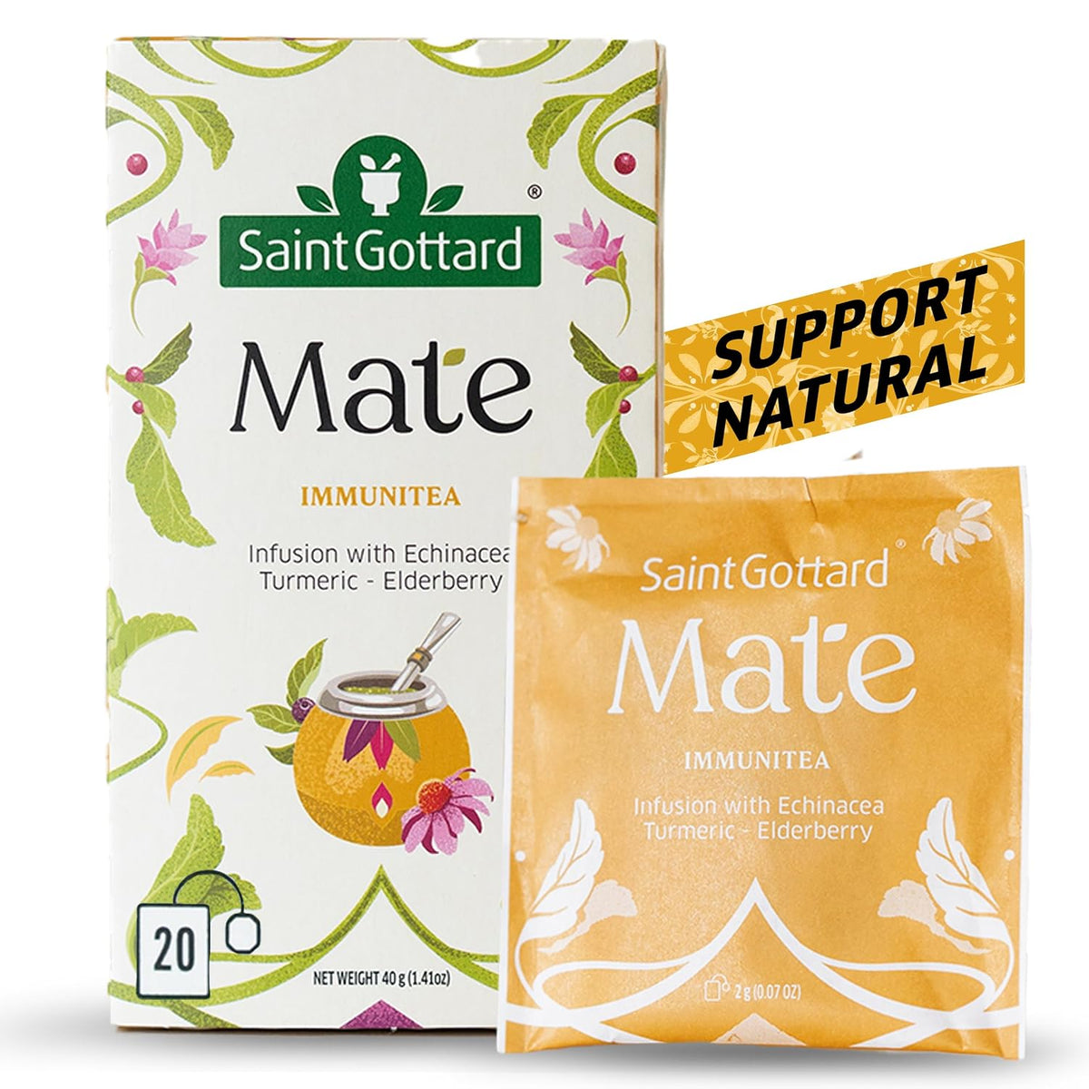 Saint Gottard Mate Herbal Tea – Immunitea Blend with Echinacea, Turmeric & Elderberry – Immune Support Herbal Tea for Daily Wellness – Organic Premium Botanical Infusion – 40 Tea Bags