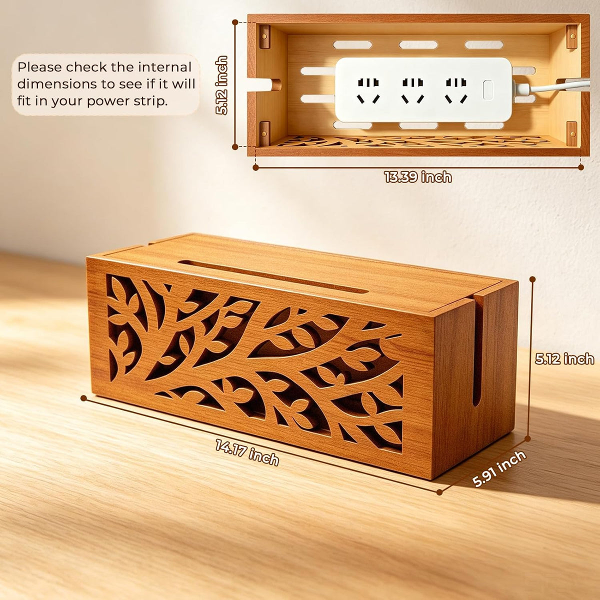 Wood Cable Management Box, Cord Organizer & Decorative Power Strip Cover