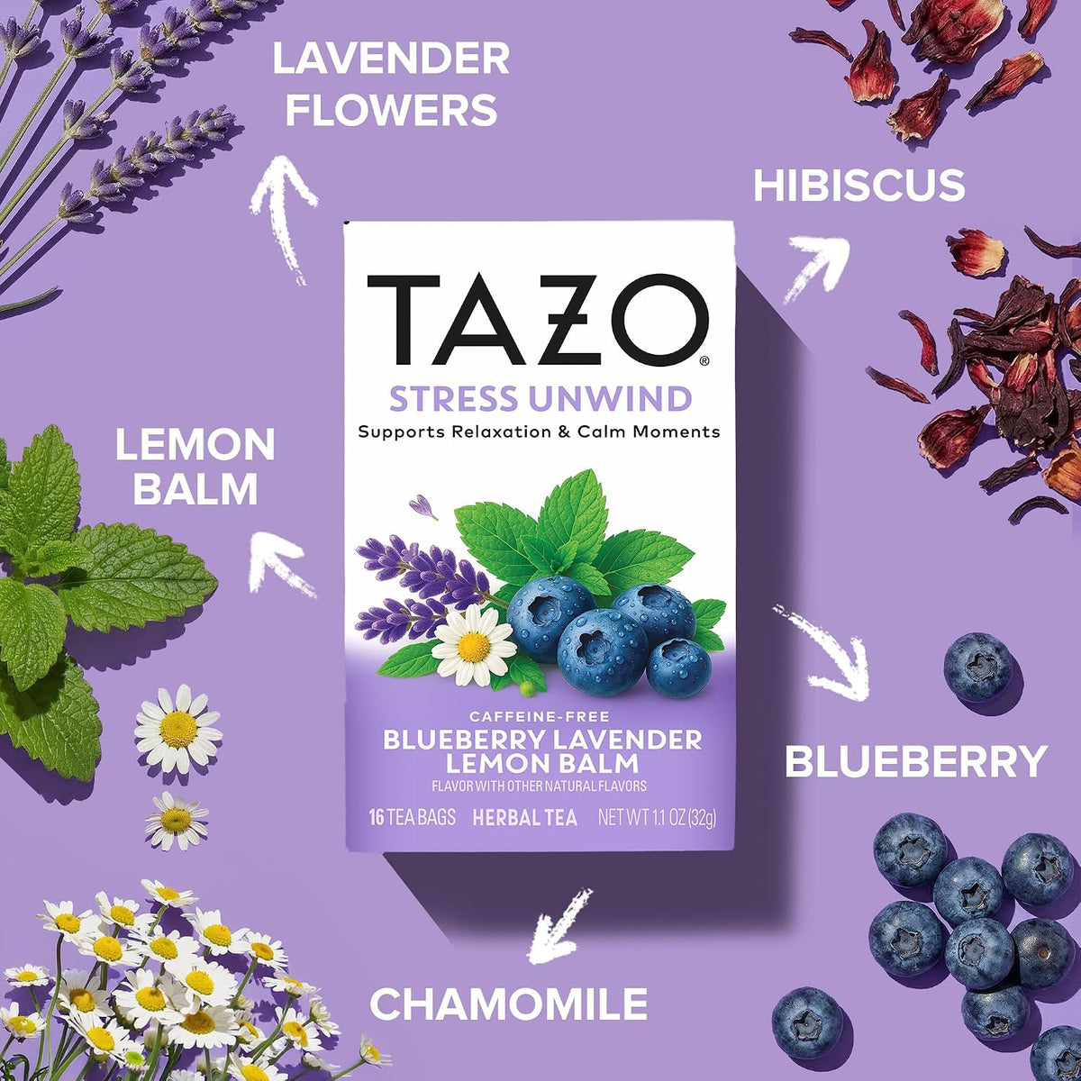 Tazo Stress Unwind Herbal Tea Bags, Blueberry Lavender Chamomile, 16 ct