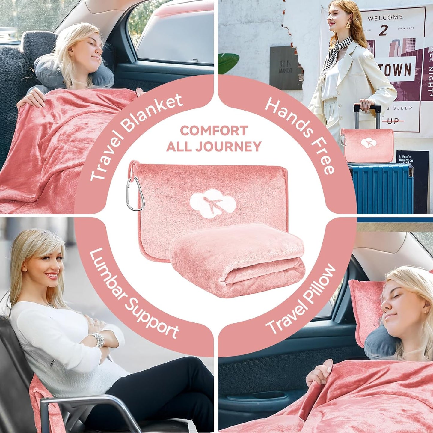 Travel Blanket and Pillow Compact, Premium Soft 2 in 1 Airplane Blanket with Soft Bag Pillowcase，Hand Luggage Sleeve and Backpack Clip (Checkered Black)