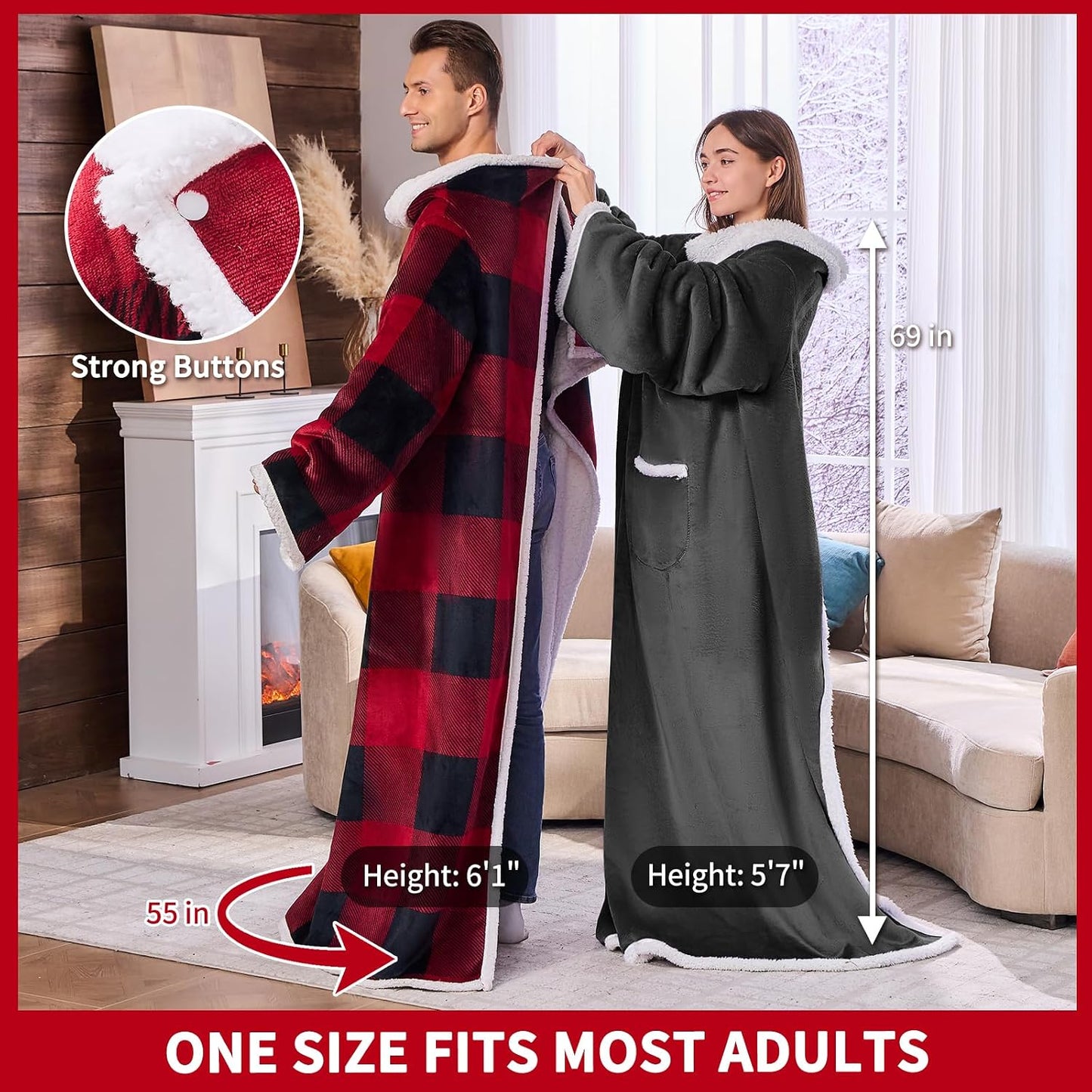 IFNOW Sherpa Wearable Blanket with Sleeves for Women Men Adults, Christmas Birthday Gifts for Women Mom Wife, Cozy Wearable Blanket with Arm and Pocket, Warm Full Body TV Wrap Throw Blanket, Grey