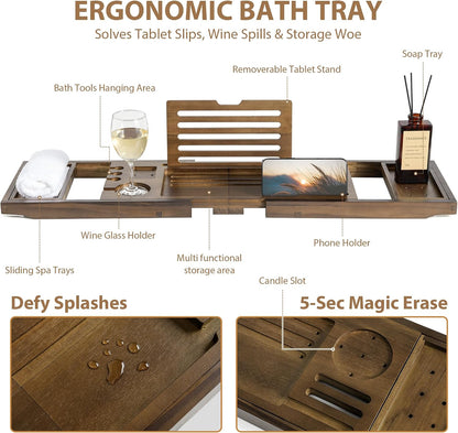 Bamboo Bathtub Tray Caddy - Splash-Proof Adjustable (28.5-40") with Wine Holder, Tablet Stand & Non-Slip Grip | Spa-Grade Organizer for Bath Essentials & Reading- Walnut