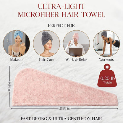 3 Pack Microfiber Hair Towel Wrap for Women 26 x 10 in | Hair Drying Towel with Button |Hair Turban Towel Quick Dry Coral Fleece Head Towels (Pink + Blue + Grey)