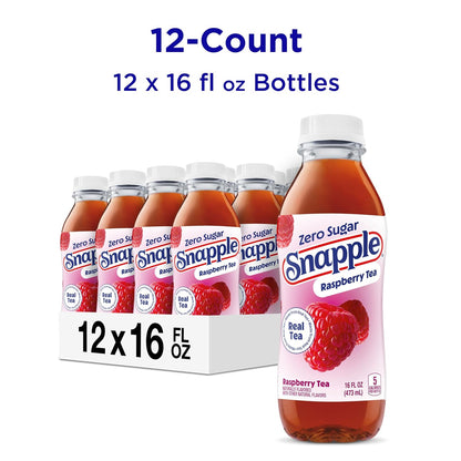 Snapple Zero Sugar Raspberry Tea, 16 fl oz recycled plastic bottle, Pack of 12