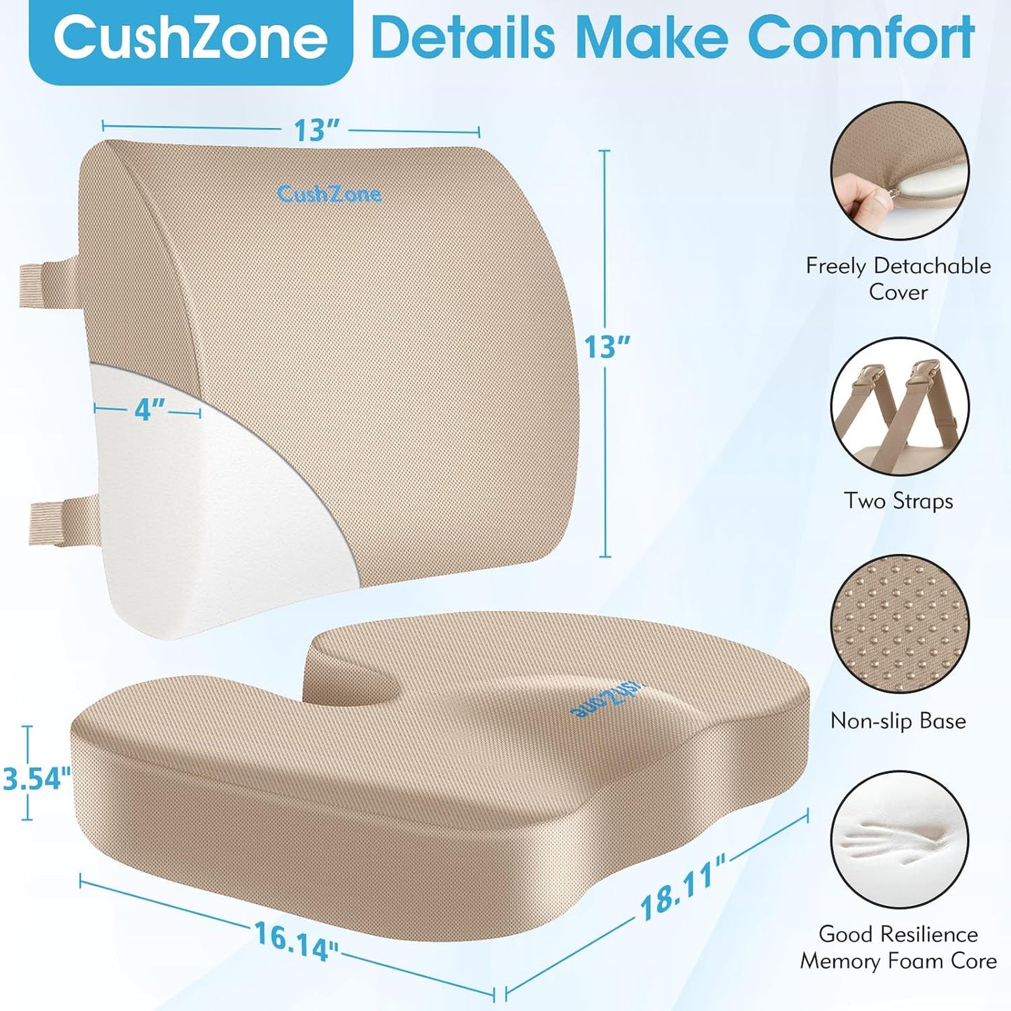 CushZone Ergonomic Seat Cushion & Lumbar Support Pillow - Memory Foam for Sciatica Pain Relief & Posture Correction, Non-Slip Chair Cushions for Office Chair/Car/Wheelchair/Travel (Black)
