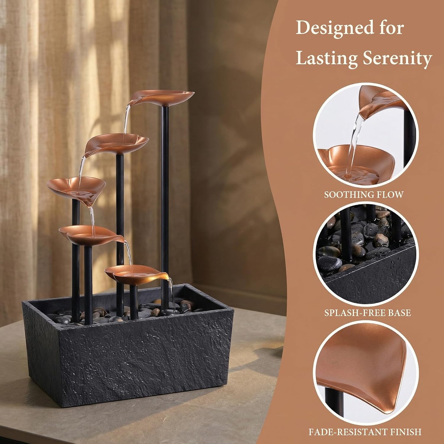 14" Tabletop Water Fountain, Indoor Desktop Fountain with Copper Leaf Design & LED Light, Splash-Free Zen Decor for Home, Office, Meditation, Yoga, Gift
