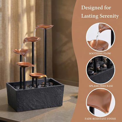 14" Tabletop Water Fountain, Indoor Desktop Fountain with Copper Leaf Design & LED Light, Splash-Free Zen Decor for Home, Office, Meditation, Yoga, Gift