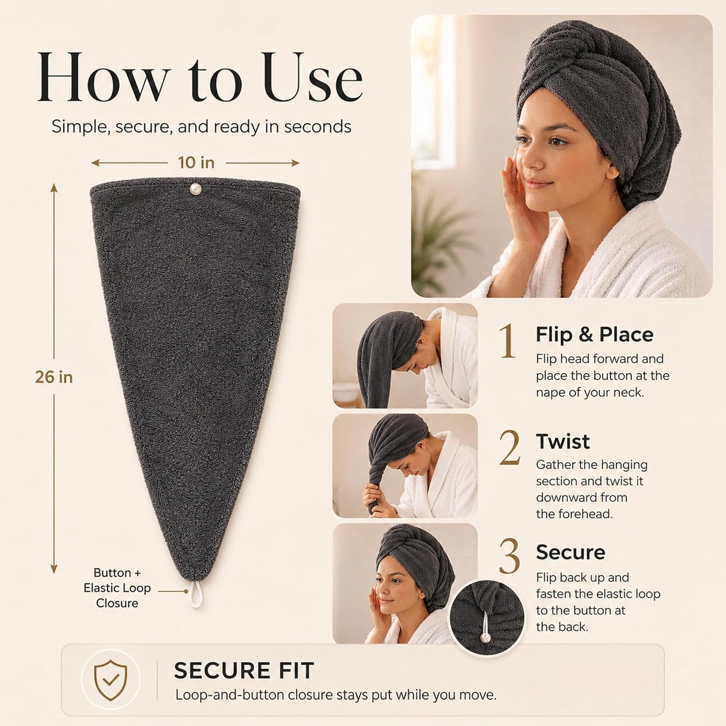 100% Turkish Cotton Hair Towel Wrap 2 Pack – Oeko-TEX Certified Quick Dry Turban for Wet Hair – Soft, Absorbent, Gentle on Curly & Long Hair – 10x26 Inch