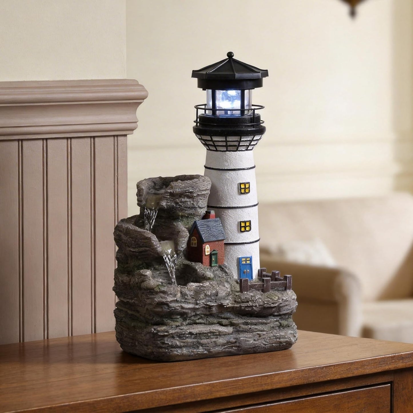 Tolevoit Indoor Tabletop Water Fountain, Mediterranean Coastal Lighthouse Waterfall with Blue LED Light, Relaxing Zen Desk Fountain for Office & Bedroom, Nautical Home Decor Stress Relief Gift