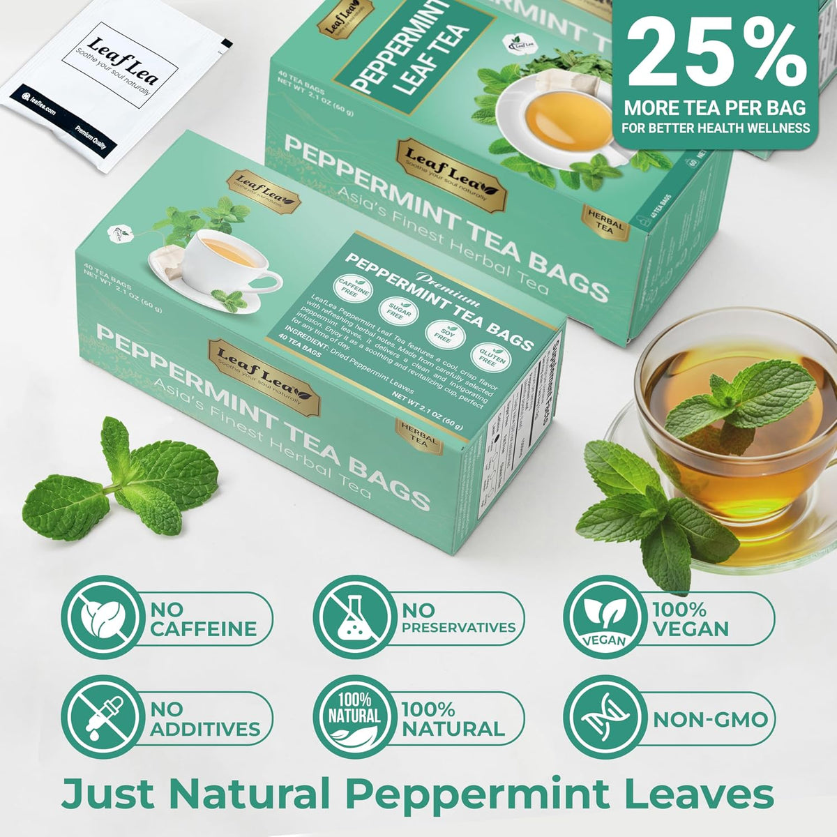 LeafLea Peppermint Tea Bags, Pure Peppermint Leaf Tea, 80 Count, 2-Pack