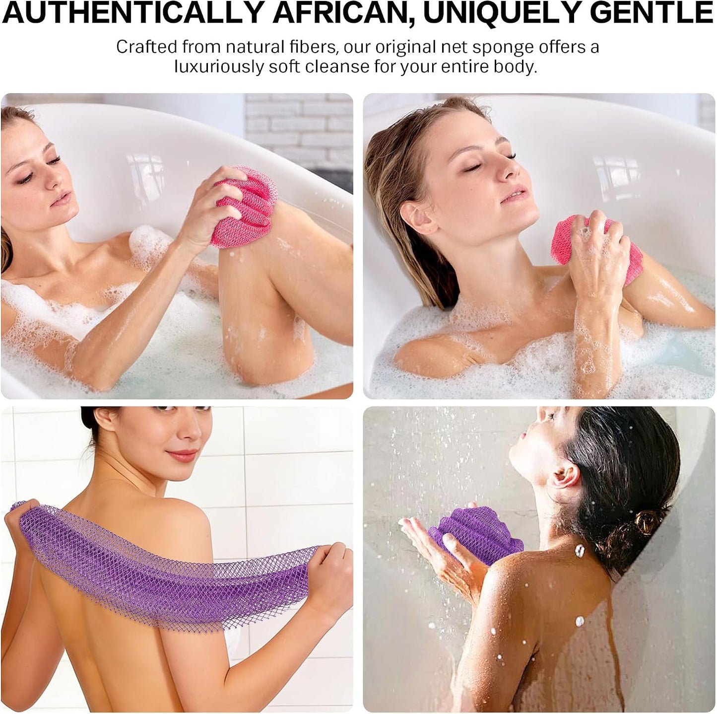 UJFQBH 3 Pieces African Bath Sponge African Net Long Net Bath Sponge Exfoliating Shower Body Scrubber Back Scrubber Skin Smoother,Great for Daily Use (Pink,Yellow,Purple)