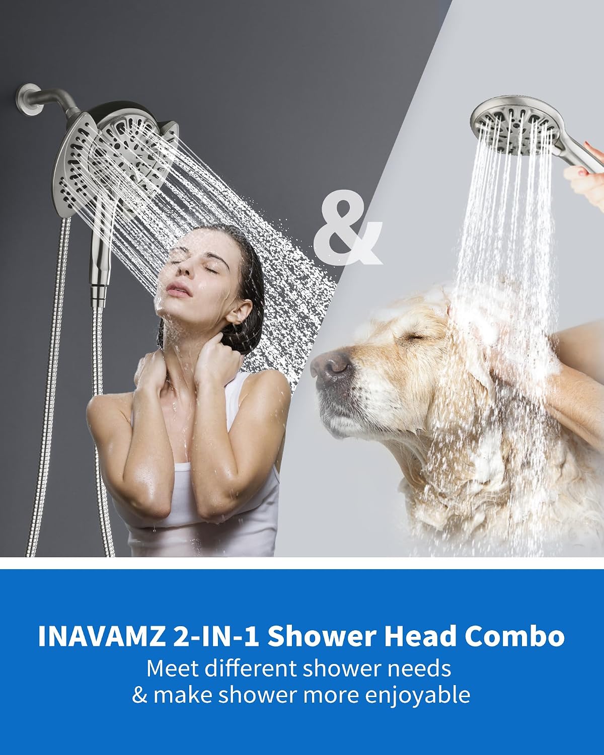 INAVAMZ Shower Head with Handheld High Pressure: Hand Held Shower Head & Rain Shower Head 2-IN-1 Shower Head with 59" Rotatable Stainless Steel Hose, Shower Trim Systems, Sliver 2.5 GPM 15391 Filter