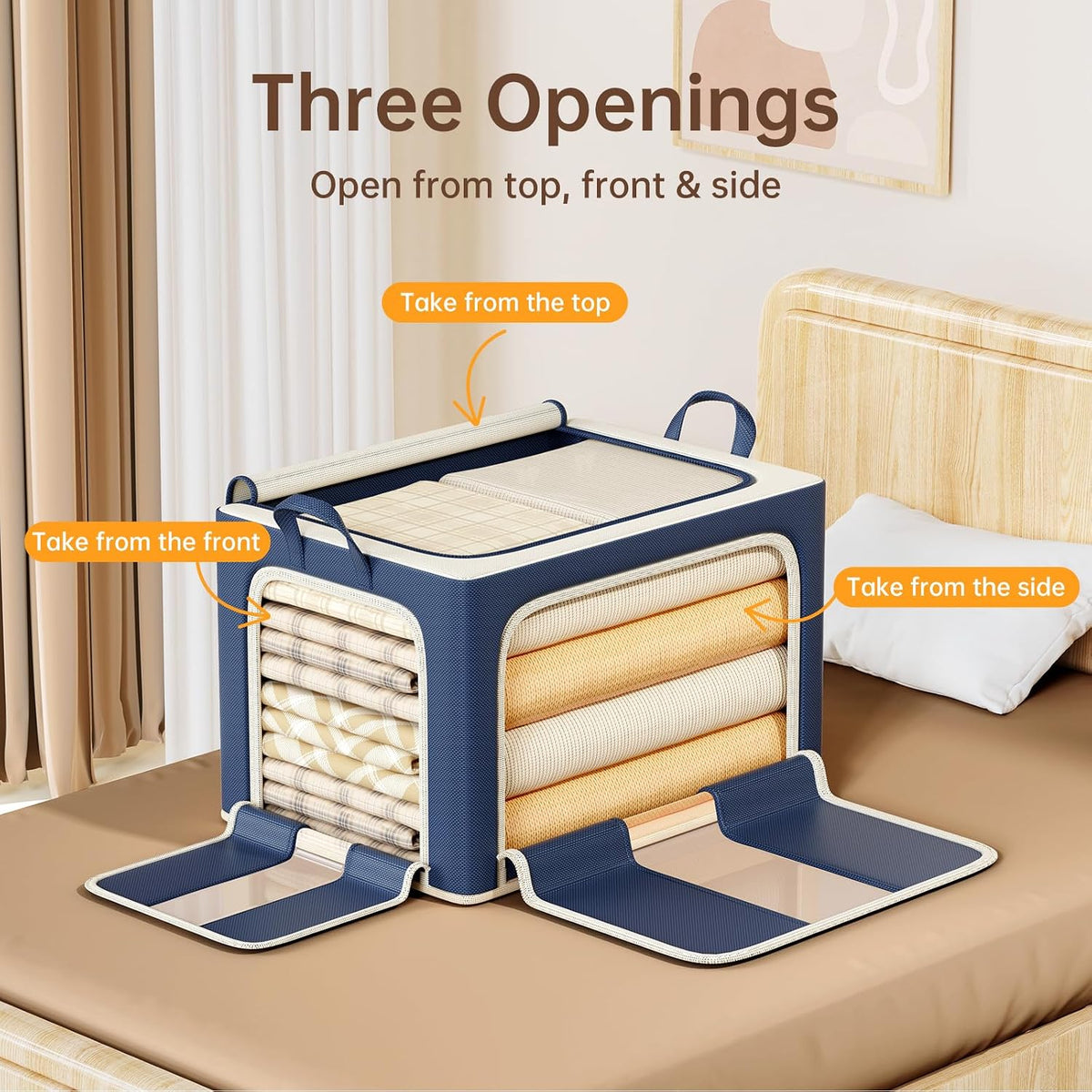 Clothes Storage Bins with Metal Frame Foldable Storage Box Clothes Organizers Storage Containers for Clothes Sheets Blankets Books Toys Gifts and Holiday Decorations (66Lx3 Pack)