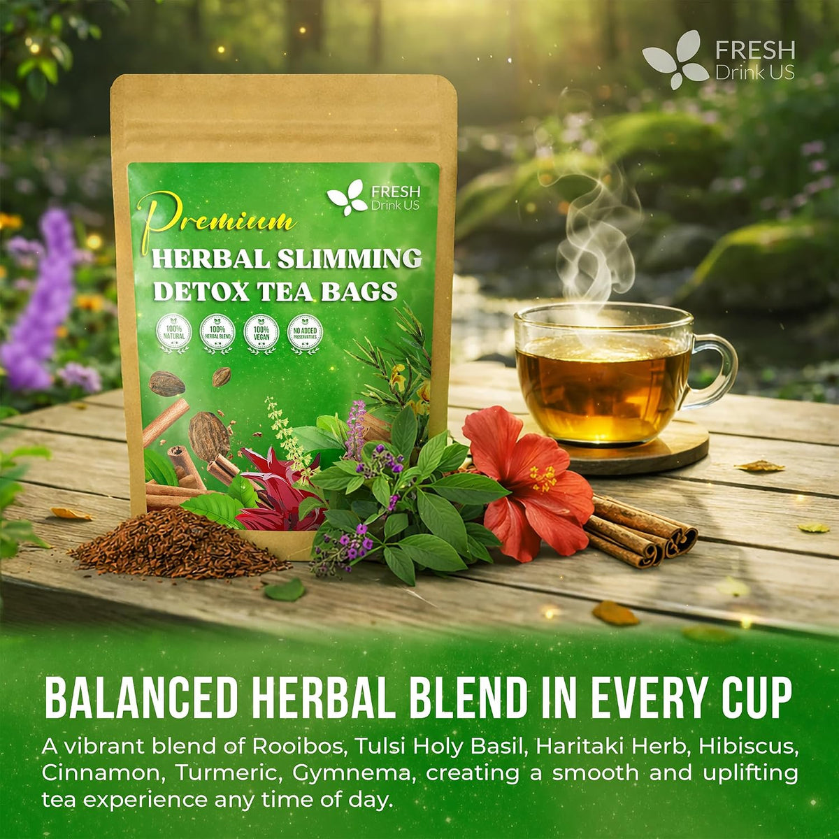 FreshDrinkUS, 30 Tea Bags Herbal Tea – Caffeine-Free Herbal Tea with Rooibos, Turmeric & Hibiscus – Loose Leaf Blend for Daily Rituals and Clean Living – Vegan, No Additives