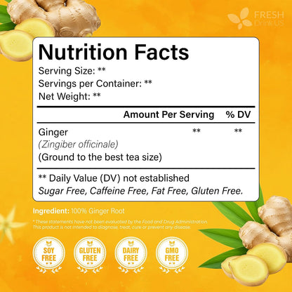 FreshDrinkUS, 120 Ginger Tea Bags, 100% Natural & Pure. Ginger Herbal Tea. No Sugar, No Caffeine, No Gluten, Vegan.