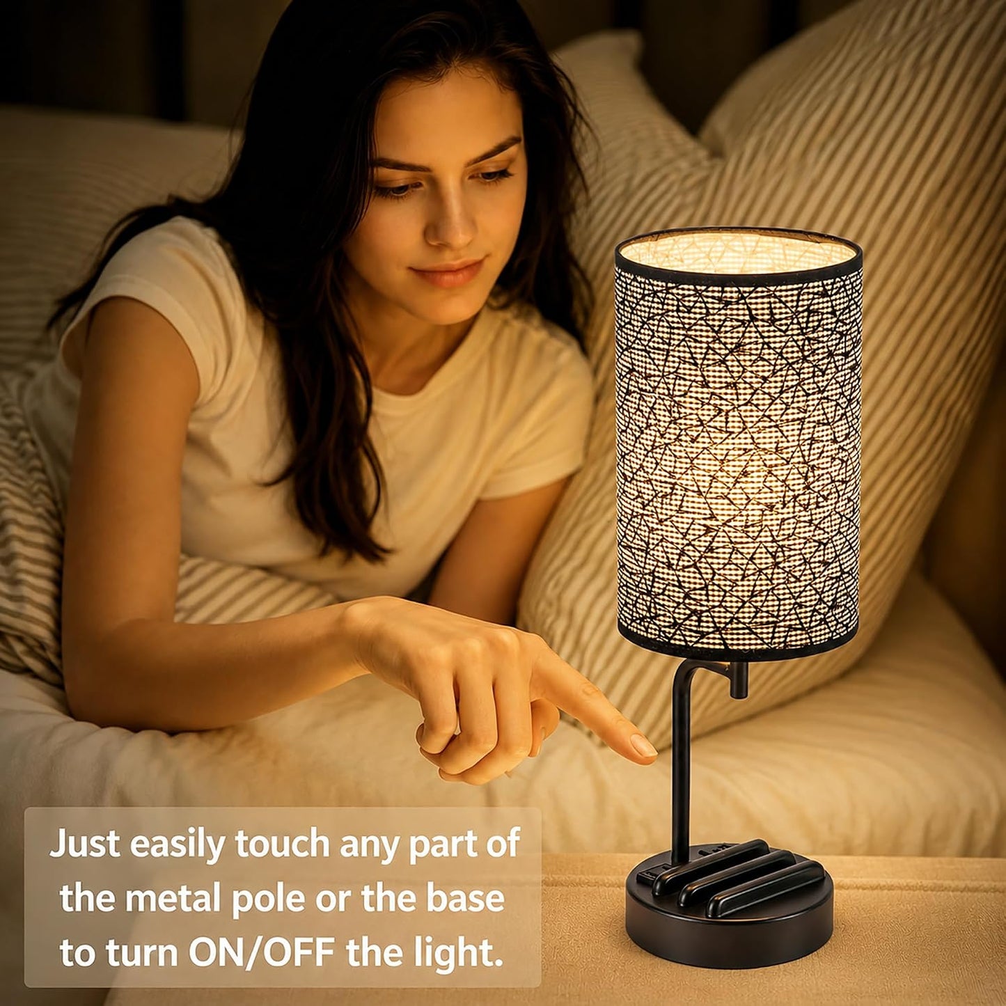 Dreamholder Touch Control USB Table Lamp with USB C/A & AC Outlet, 3-Way Dimmable Bedside Lamp, Modern Nightstand Lamps for Bedroom Living Room Guest Room Office, Bulb Included, Gold