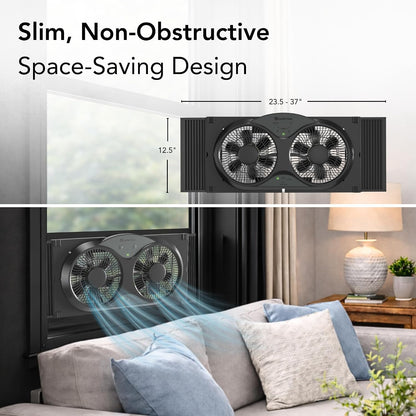 Comfort Zone Twin Window Fan with Reversible Airflow Control, 9 inch, Auto-Locking Expanders, 2 Speed Fan, Dual Fan, Exhaust, Airflow 9.84 ft/sec, Ideal for Home, Kitchen, Bedroom & Office, CZ319WT